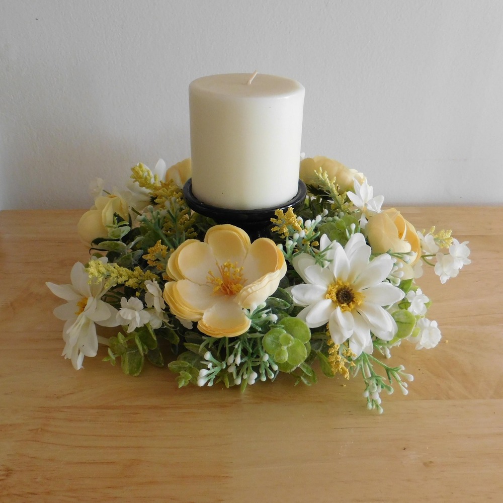 Yellow and White Floral Wreath, 11 Inch Candle Ring Centerpiece